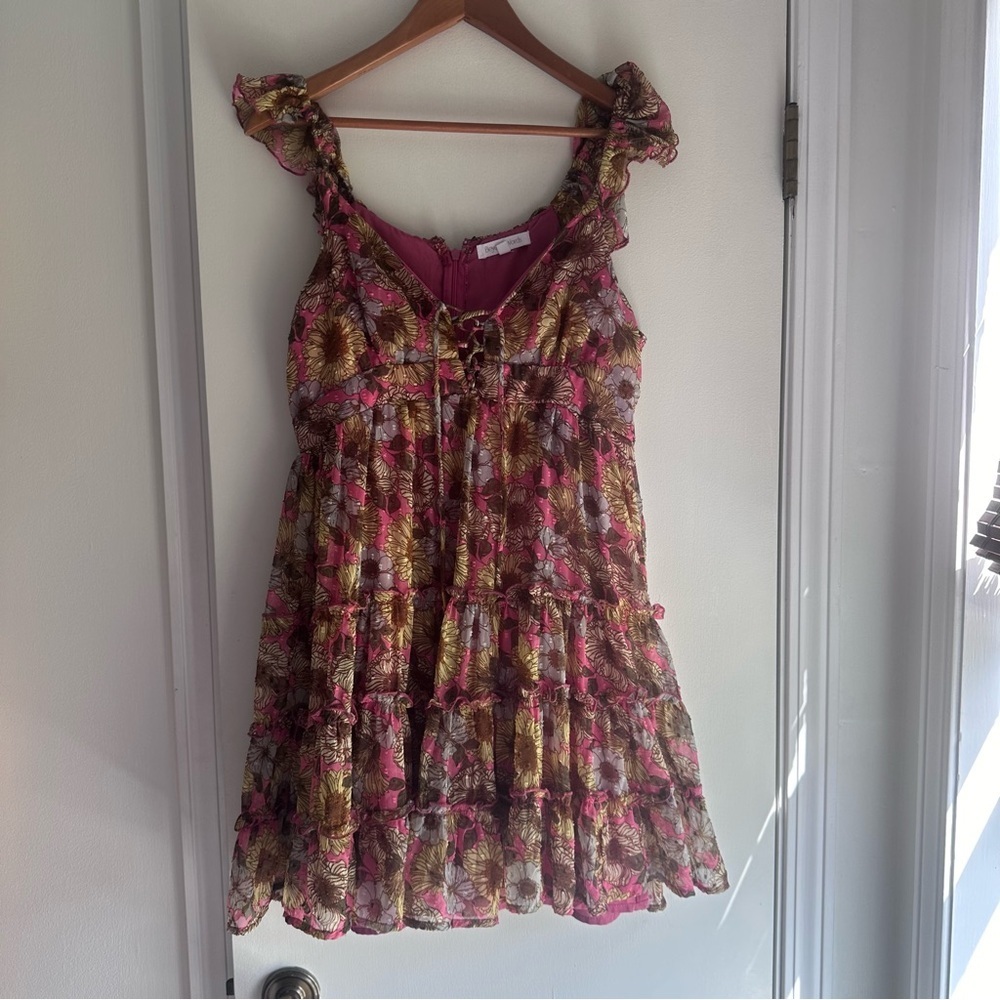 Beyond Words Floral Tiered Dress Pink Yellow Ruffle Size M